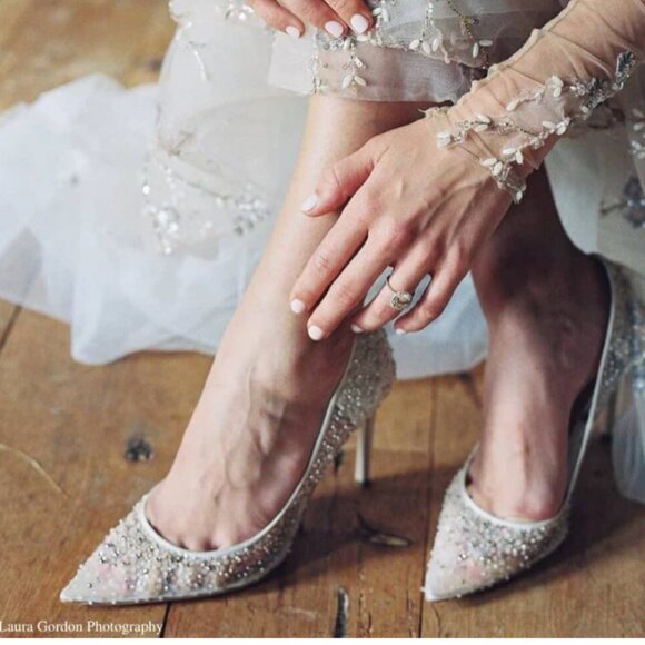 EVELYN IVORY Crystal & Sequin Illusion Mesh Sparkly Kitten Heels - Picture 3 of 4